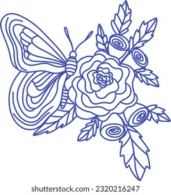 Illustration of rose flower. Linear butterfly wing with rose flowers. Hand drawn beautiful rose flower, vector.