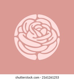 Illustration of rose flower. Round emblem of rosebud. Contour vector illustration for cosmetics, perfumeries, logo and badge.