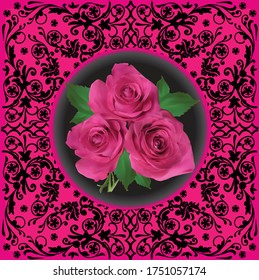 illustration with rose flowers in black decorated frame on pink background