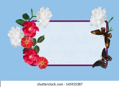 illustration with rose flowers and butterflies on blue background