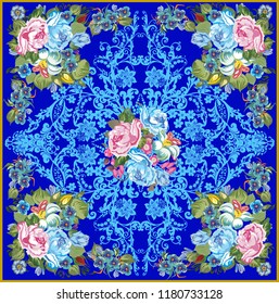illustration with rose flowers in decorated frame on blue background