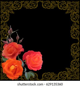 illustration with rose flowers in square frame isolated on black background