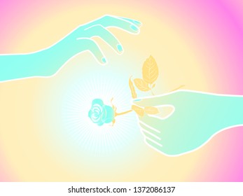 illustration of a rose in the hands in a delicate color scheme