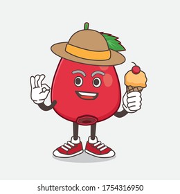 An illustration of Rose Hip Fruit cartoon mascot character holding ice cream
