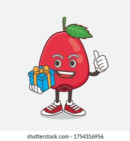 An illustration of Rose Hip Fruit cartoon mascot character with gift