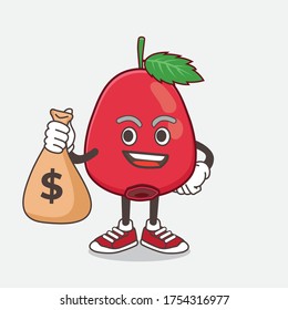 An illustration of Rose Hip Fruit cartoon mascot character holding money bags