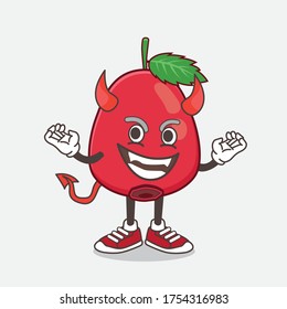 Ilustración del personaje de la mascota de la fruta Rose Hip Fruit como demonio rojo con cuernos y cola