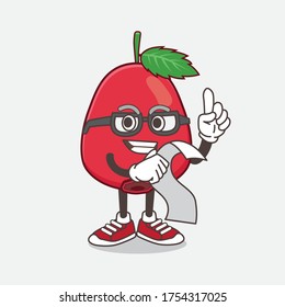 Ilustración de un personaje de la mascota de dibujos animados Rose Hip Fruit sosteniendo un menú