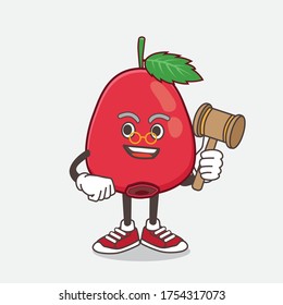 An illustration of Rose Hip Fruit cartoon mascot character as wise judge with hammer