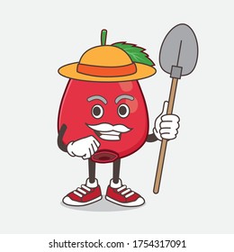 An illustration of Rose Hip Fruit cartoon mascot character with hat and farmer tools