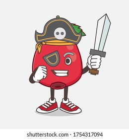 An illustration of Rose Hip Fruit cartoon mascot character in pirate style and wearing hat and sword