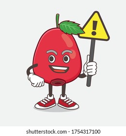 An illustration of Rose Hip Fruit cartoon mascot character rise up a warning sign