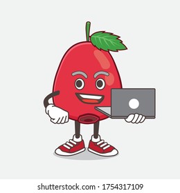 An illustration of Rose Hip Fruit cartoon mascot character working with laptop