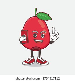 Ilustración del personaje de la mascota de dibujos animados Rose Hip Fruit hablando por teléfono