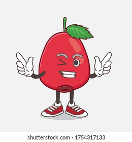 An illustration of Rose Hip Fruit cartoon mascot character with Winking eye