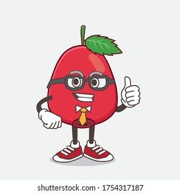 Una ilustración de la mascota de dibujos animados Rose Hip Fruit con gafas negras
