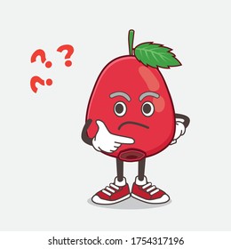 Ilustración del personaje de la mascota de la fruta de la cadera rosa en un gesto confuso
