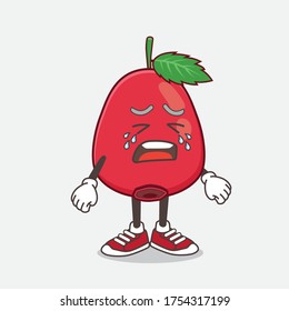 An illustration of Rose Hip Fruit cartoon mascot character with crying expression