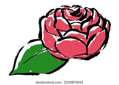 Illustration of a rose and a leaf seen from the side with a touch of brush