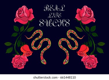 Illustration with rose and snake
mirror rose 
Illustration with rose
Bouquet for printed on the product.
floral graphic for t-shirt
vector animal and flower.
T-shirt screen design
garter snake