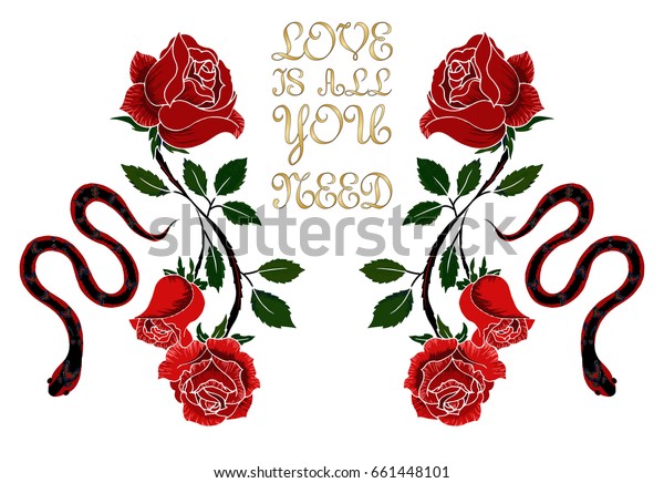 バラと蛇のイラスト ミラーバラ バラの付いたイラトス 製品に印刷するブーケ Tシャツ用花柄のグラフィック ベクター動物と花 のベクター画像素材 ロイヤリティフリー 661448101