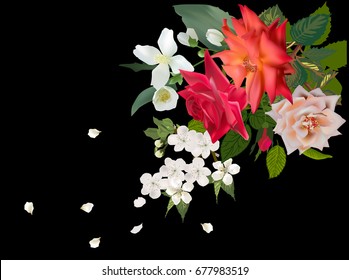 illustration with rose and spring flowers isolated on black background