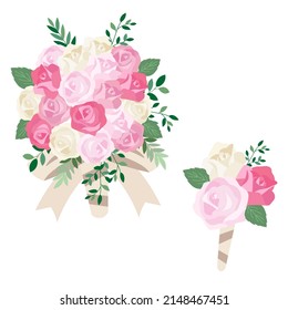 Illustration of rose wedding bouquet and boutonniere