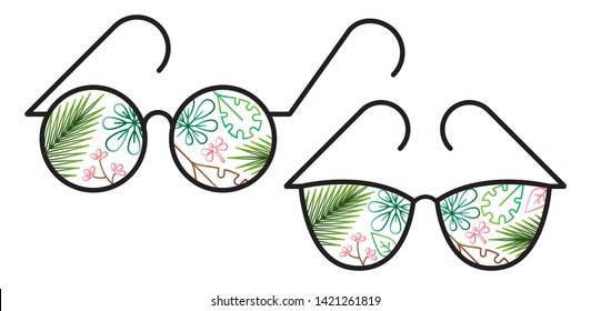 illustration of rose-colored glasses, Sunglasses with tropical leaves, Colorful science glasses