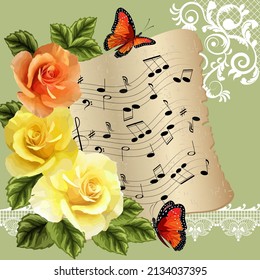 Illustration with roses and notes.Vector illustration with roses, notes and butterflies on a colored background.