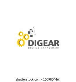 Illustration of a rotating gear with digital splits on it logo design industry.