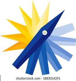 illustration of rotating twisted pentagon shaped arrow logo. blue and yellow