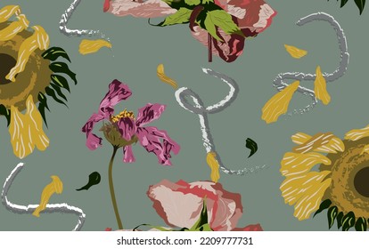 Illustration des faulen Blumendesigns. Dieses Design enthält rosafarbene Rosen, Sonnenblumen, violette Zenien auf grünem Hintergrund. Design kann in einem halbstufigen Wiederholungsstil wiederholt werden, um ein vollständiges Motiv zu erstellen