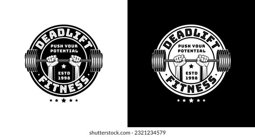 illustration of a rough strong clenched hand fist holding lifting a barbell or dumbbell. weight lifting gym fitness sport club vintage retro emblem badge label logo design