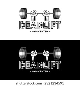 illustration of a rough strong clenched hand fist holding lifting a barbell or dumbbell. weight lifting gym fitness sport club vintage retro emblem badge label logo design