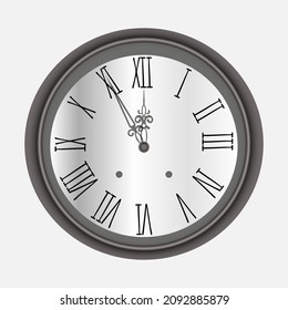 illustration of a round antique clock in a metal case with a white dial