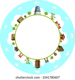 Illustration of a round Asian landscape
