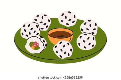 Illustration of round Asian rice balls covered in black sesame seeds, served on a green plate with dipping sauce, in a clean and colorful vector style.