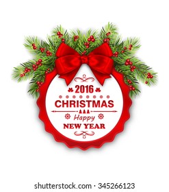 Illustration Round Banner with Red Ribbon and Bow for Happy New Year 2016 and Merry Christmas. Greeting Card Template - Vector