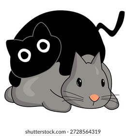Ilustração de um gato preto redondo que descansa em cima de um coelho cinza.