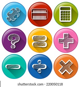 Illustration of the round buttons with the different mathematical symbols on a white background  