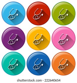 Illustration of the round buttons with stethoscopes on a white background  