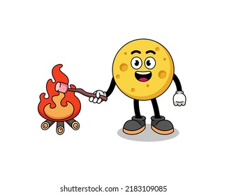Illustration of round cheese burning a marshmallow , character design