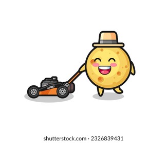 illustration of the round cheese character using lawn mower , cute style design for t shirt, sticker, logo element