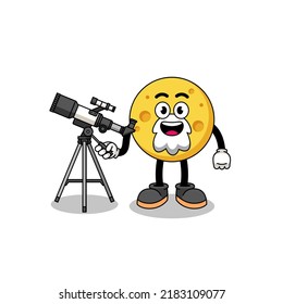 Illustration of round cheese mascot as an astronomer , character design