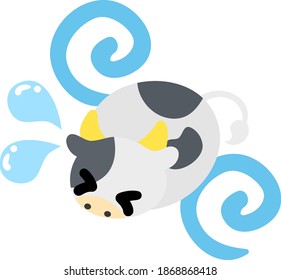 Illustration of a round cow like a stuffed animal suffering from something