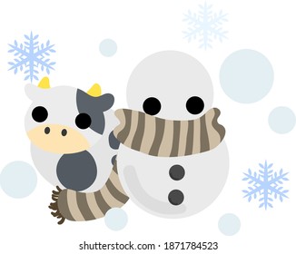 Illustration of a round cow like a stuffed animal in the snow