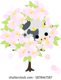 Illustration of a round cow like a stuffed animal and a cherry tree