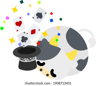 Illustration of a round cow like a stuffed animal doing magic tricks with a top hat