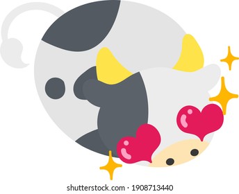 Illustration of a round cow like a stuffed animal with heart-shaped eyes
