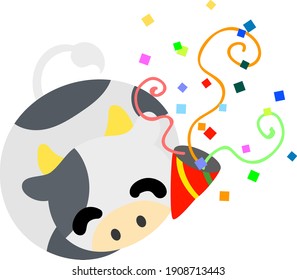 Illustration of a round cow like a stuffed animal ringing a cracker